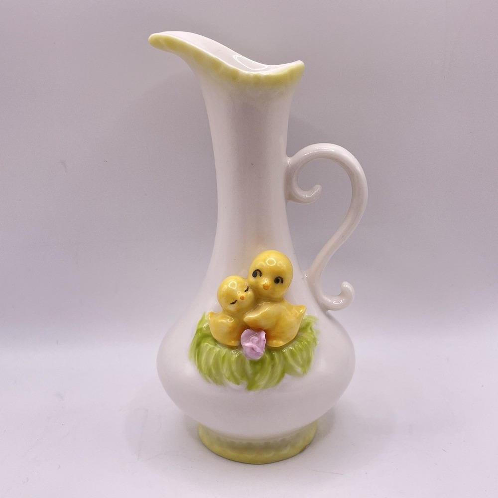 Vintage Kato Kogei Porcelain Bud Vase Pitcher Yellow Chicks Easter Spring 5.5"
